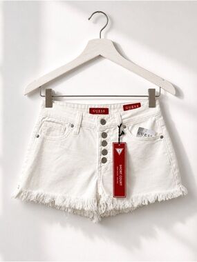 GUESS White Frayed Hem High-Rise Denim Shorts